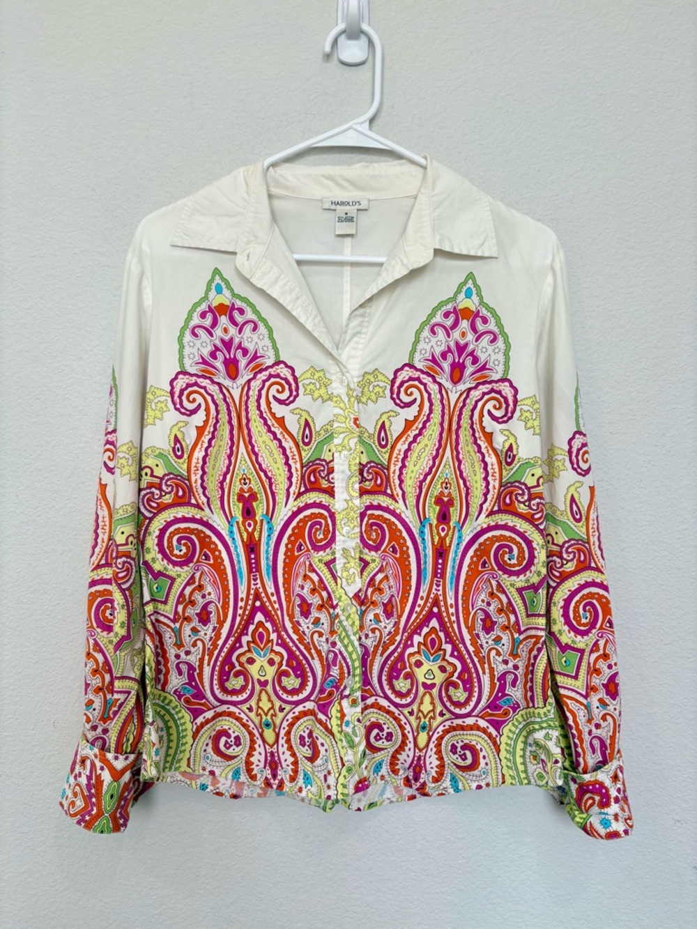 Harold's Retro Vintage Paisley Button Front Blouse Multicolor Long Sleeve Medium